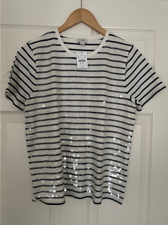 J. Crew Tops - 🪩 J. Crew White Tee with Navy Stripes and Silver Sequins 🪩